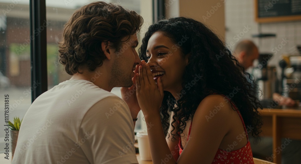 Naklejka premium Couple sharing an intimate moment in cafe.