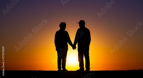 Couple holding hands at sunset silhouette.