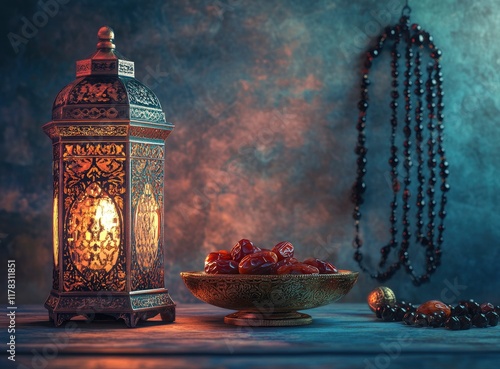 Ramadan background, in the color, with an Arabic lantern and dates on the table. On the left side, there is a glowing candle in an ornate vintage glass bowl. On the right side, there are black rosary photo