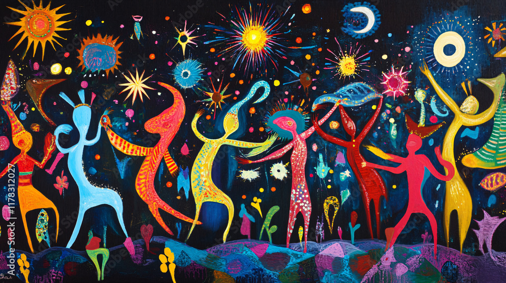 Obraz premium A vibrant depiction of a tribal dance ritual, with abstract figures moving in unison, their bodies creating dynamic shapes and energy in the night. 