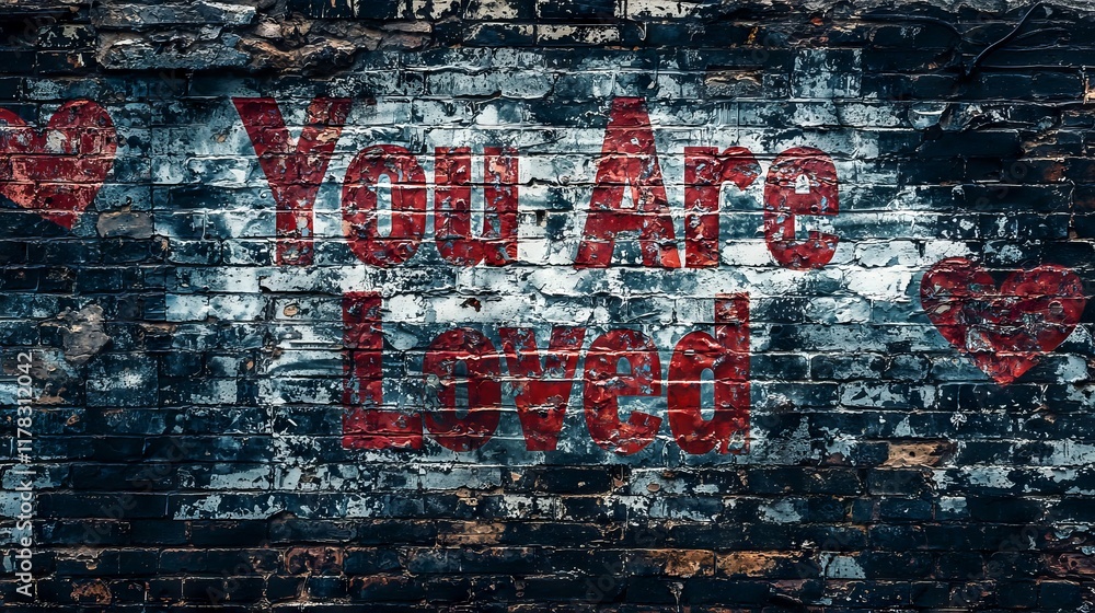 Fototapeta premium Grunge Art of You Are Loved Painted in Bold Red on Brick Wall with Heart Symbols Indicating Urban Street Art, Encouragement, and Love Expression