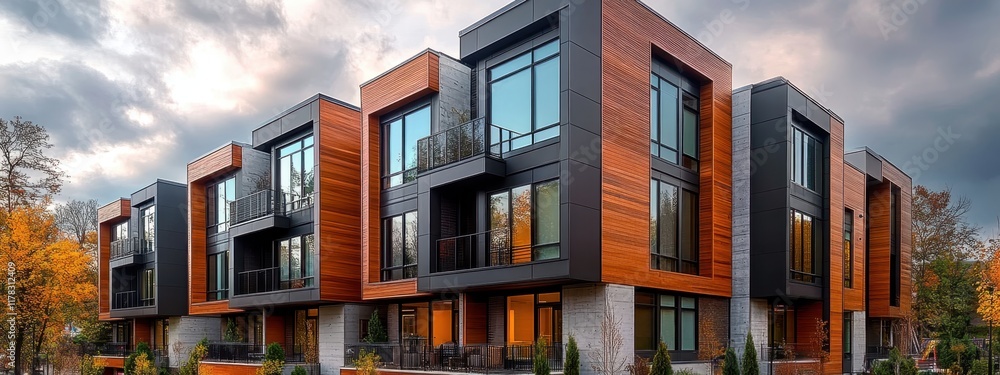 Modern townhouses, geometric architecture, wood paneling, gray and orange exterior, large windows, urban residential development, cloudy sky, contemporary design, multi-story homes, minimalist facade, Modern townhouses, geometric architecture, wood paneling, gray and orange exterior, large windows, urban residential development, cloudy sky, contemporary design, multi-story homes, minimalist facade,