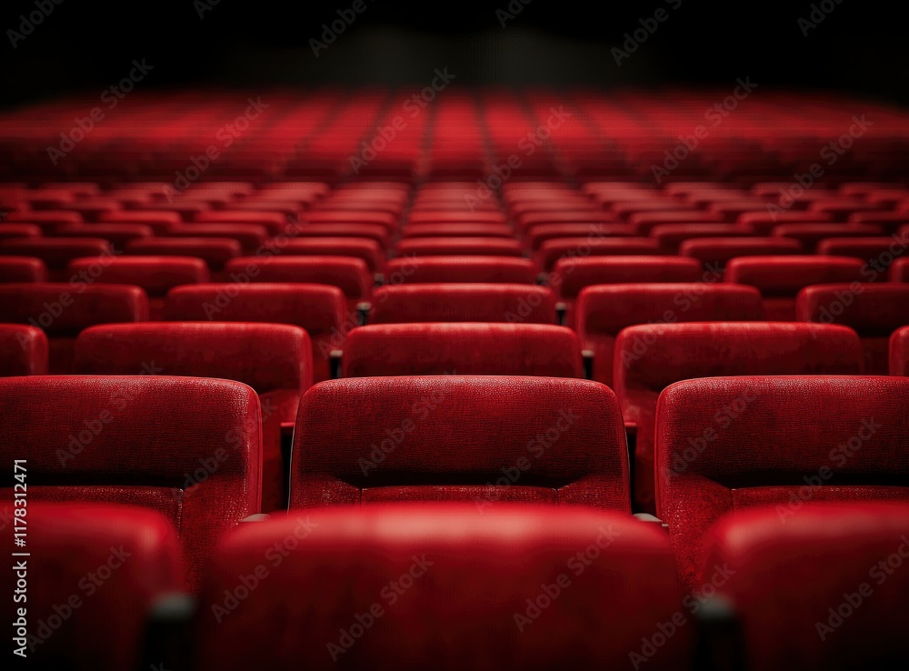 Naklejka premium Red cinema seats in an empty theater, front view. Background with soft focus on the seats and blurred background of rows of red chairs in the theater hall. No people or audience, only armchairs. Stock
