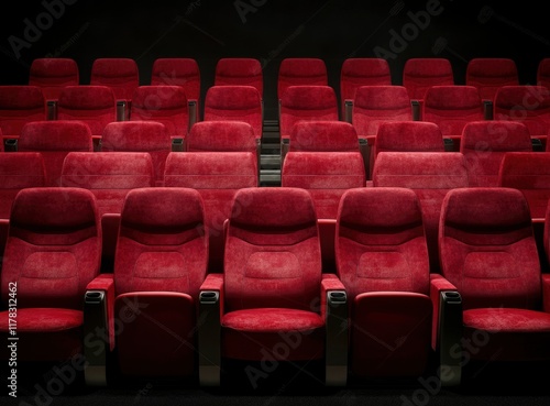 Red cinema seats in an empty theater, front view. Background with soft focus on the seats and blurred background of rows of red chairs in the theater hall. No people or audience, only armchairs. Stock