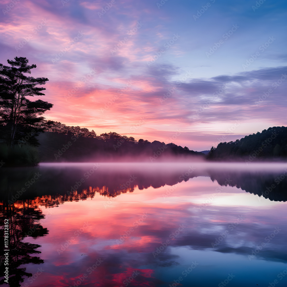 Tranquil Morning at a Lake Cabin: Vivid Sunrise Reflecting off Calm Waters with Silhouetted Pier Tranquil Morning at a Lake Cabin: Vivid Sunrise Reflecting off Calm Waters with Silhouetted Pier