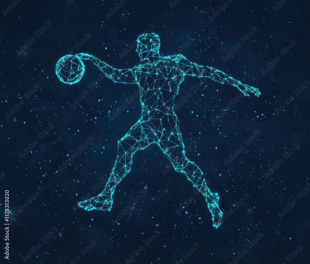 Futuristic Basketball Player in Neon Wireframe Style on Dark Background Futuristic Basketball Player in Neon Wireframe Style on Dark Background