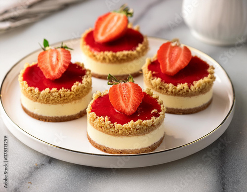 Wallpaper Mural mini strawberry cheesecakes topped with a crumb crust are ready to be served on a white plate on a marble countertop Torontodigital.ca