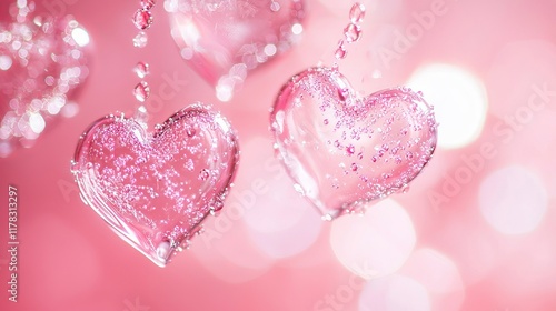 Sparkling Pink Glass Hearts Floating in Soft Light, Concept of Love, Romance, Valentine's Day, and Delicate Beauty. Copy space