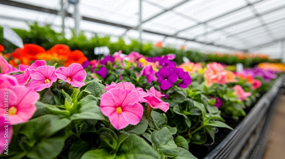 A vibrant display of colorful flowers in a greenhouse setting. A vibrant display of colorful flowers in a greenhouse setting.
