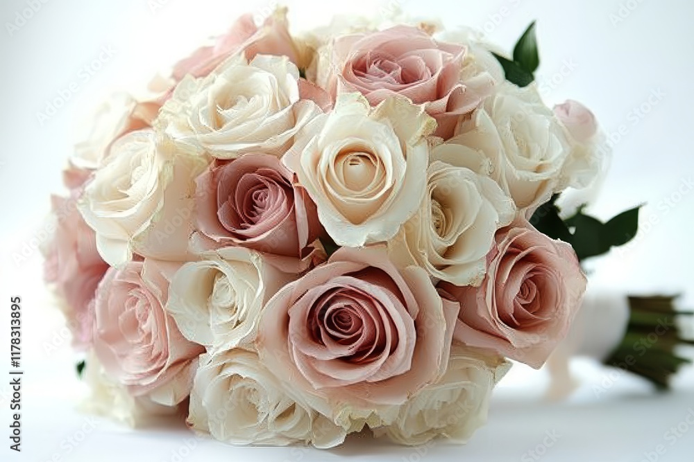Obraz premium Beautiful bouquet of pink and white roses wrapped in soft ribbons and adorned with pearls, perfect for wedding photography against a white backdrop.
