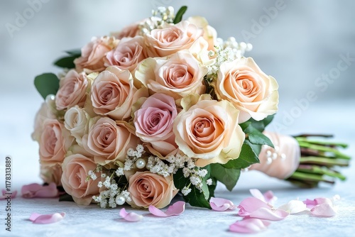 Beautiful bouquet of pink and white roses wrapped in soft ribbons and adorned with pearls, perfect for wedding photography against a white backdrop.