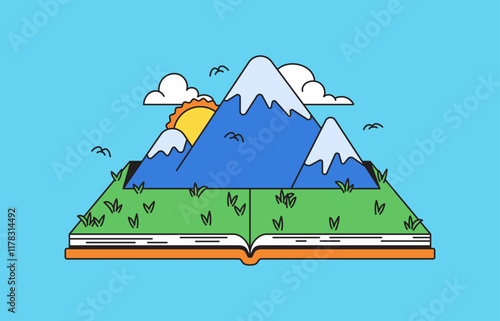 Open book revealing a landscape of mountain, sun, and clouds perfect for adventure and discovery cartoon illustration hand drawn vector