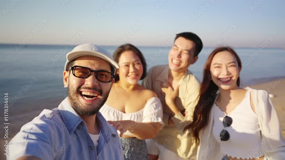 Happy man and woman using mobile phone during travel nature the sea on summer beach holiday vacation. Asian man enjoy and fun outdoor lifestyle using smartphone taking selfie with friends at the beach Happy man and woman using mobile phone during travel nature the sea on summer beach holiday vacation. Asian man enjoy and fun outdoor lifestyle using smartphone taking selfie with friends at the beach