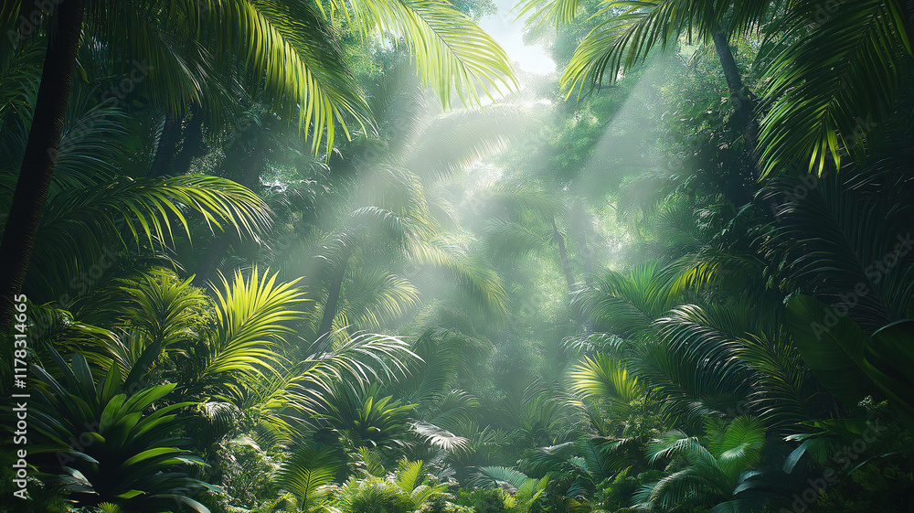 Dense Southeast Asian jungle in August, showcasing a thriving ecosystem with towering trees Dense Southeast Asian jungle in August, showcasing a thriving ecosystem with towering trees