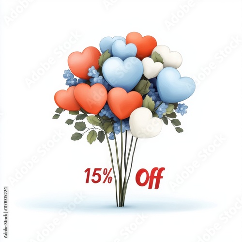 Valentine's Day Ecommerce Deal Concept with Limited Time Offer Concept. Colorful heart balloons with a discount offer on a white background