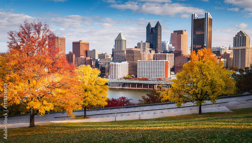 Obraz premium cityscape with colorful autumn trees in pittsburgh pennsylvania skyscrapers buildings surrounded by vibrant fall foliage urban landscape with trees in autumn colors city park with trees