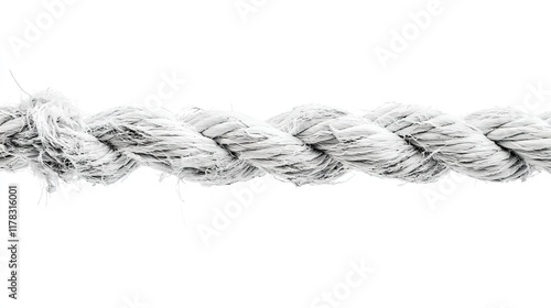 Long frayed rope near breaking, isolated on a white background. The rope shows signs of wear with threads unraveling, symbolizing tension and the verge of rupture, photo