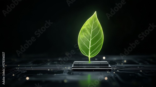 Conceptual image of a vibrant green leaf emerging from a microchip, symbolizing the fusion of technology and nature, sustainable innovation and eco-friendly solutions in a digital future. photo