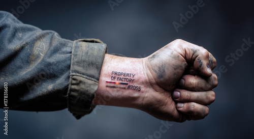 Hand of enslaved factory worker, marked with a tattoo: 'Property of Factory 2055' and glowing control implant. Close-up of a grimy arm with a rolled-up sleeve. Cyberpunk concept for dystopian themes photo