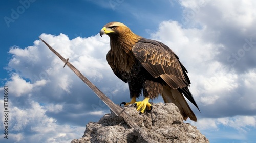 A majestic eagle perched on a rock beside a sword. photo