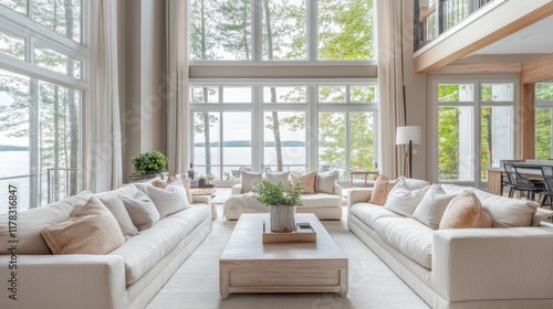 Modern lake house living room with floor-to-ceiling windows.
