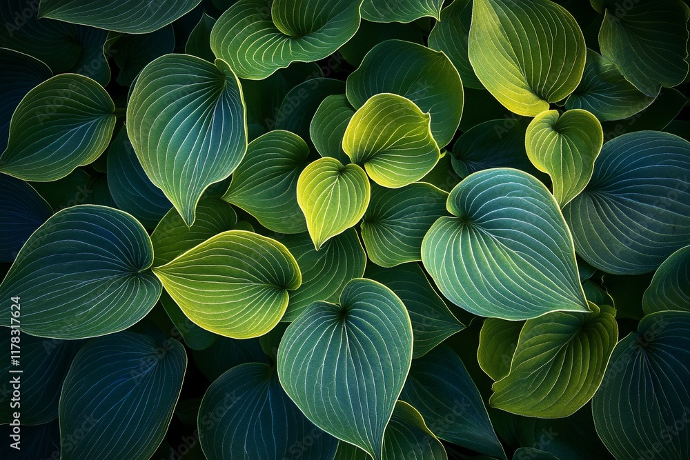 Lush green foliage background texture of hosta plants with vibrant colors and veins. Lush green foliage background texture of hosta plants with vibrant colors and veins.