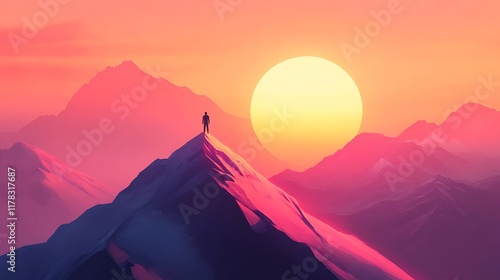 A person standing on a mountain peak at sunrise, gazing into the distance with a sense of accomplishment after achieving life goals