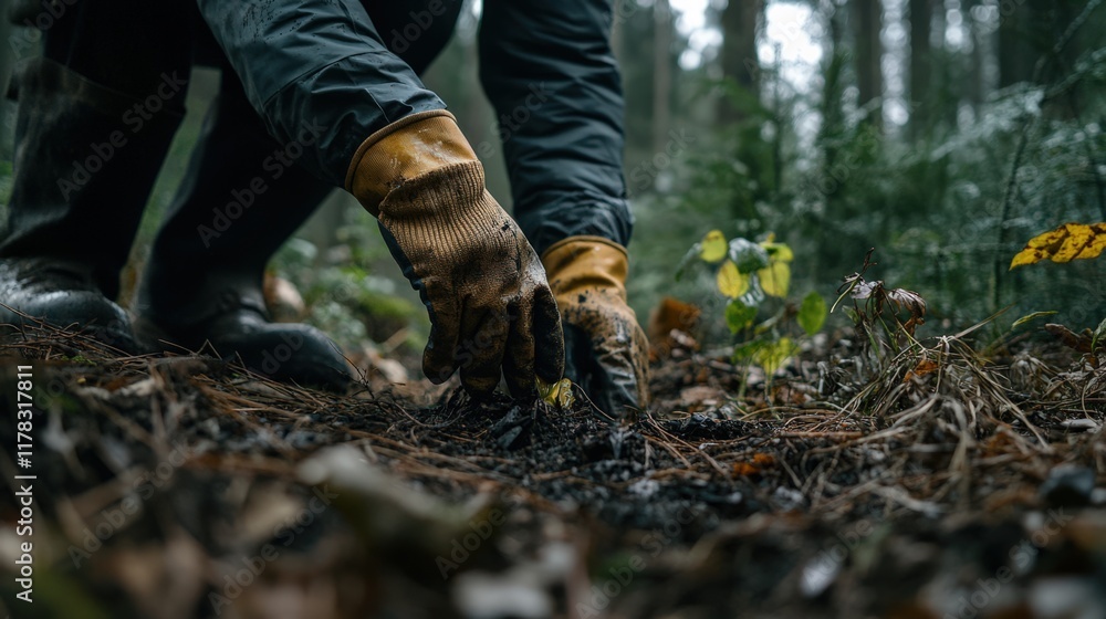 A person is digging in the dirt with gloves on A person is digging in the dirt with gloves on