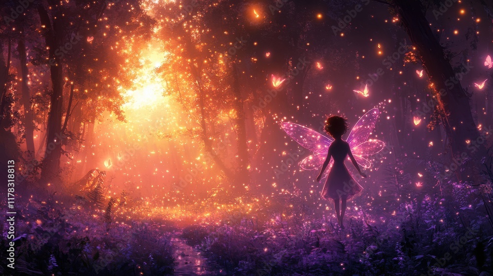 A magical forest scene with a fairy amidst glowing butterflies and sparkling lights.