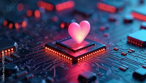 AI chip with heart. Tech innovation. Heart emotion. AI processing data. AI tech driving progress in industry. Modern tech concept. Future of tech. Efficient solutions for industries. Cybernetic photo