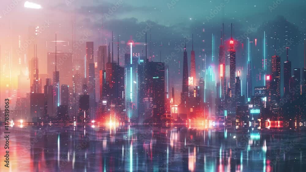 smart connected city skyline futuristic network seamless looping overlay 4k virtual video animation background smart connected city skyline futuristic network seamless looping overlay 4k virtual video animation background