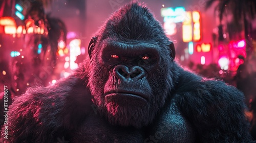 Powerful gorilla in neon city at night. photo