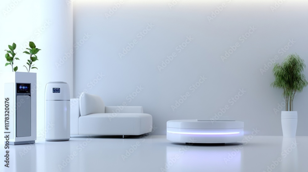 Modern living space with minimalist furniture and plants. Modern living space with minimalist furniture and plants.