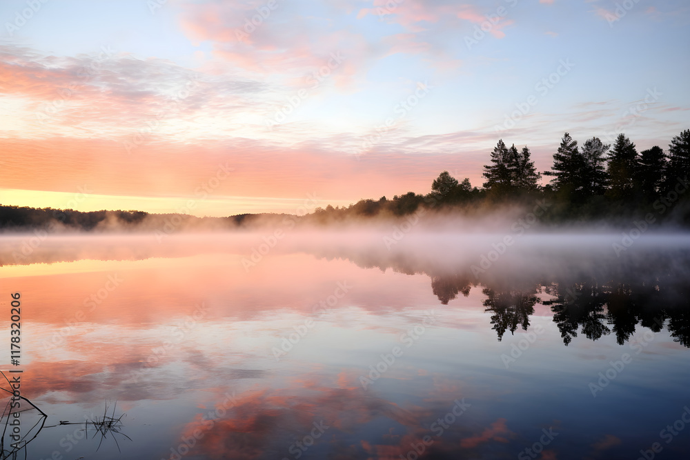 Fototapeta premium Tranquil Morning at a Lake Cabin: Vivid Sunrise Reflecting off Calm Waters with Silhouetted Pier