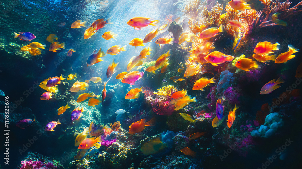 Fototapeta premium A vibrant school of fish swimming through a coral reef, with their bodies blending into abstract bursts of underwater color and light.
