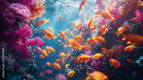 A vibrant school of fish swimming through a coral reef, with their bodies blending into abstract bursts of underwater color and light.  