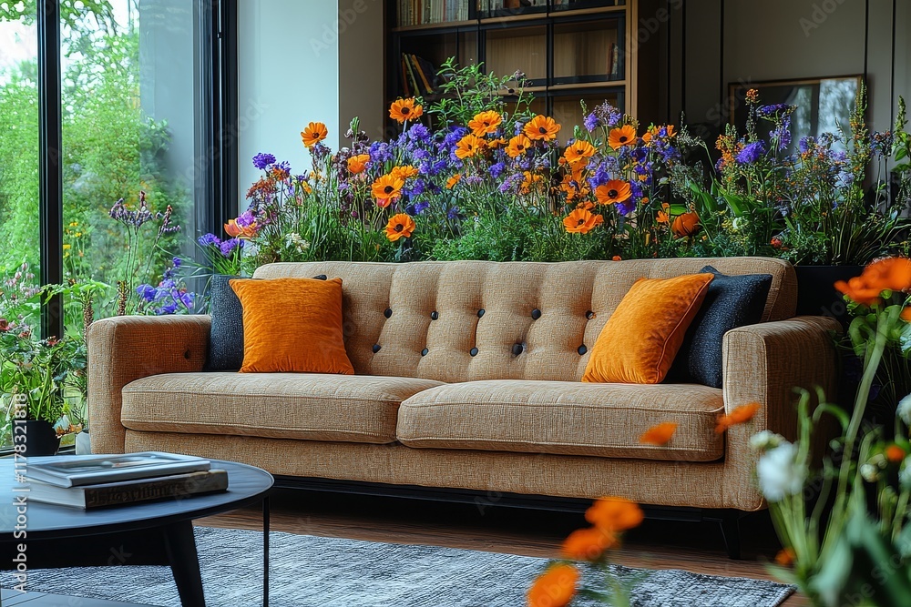 Fototapeta premium European-style brown fabric three-seater sofa with black studded armrests, single-seat sofas, coffee table with books, flowers, and plants in a clean, simple living room.