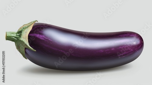 A glossy, purple eggplant with a green stem resting on a surface. photo