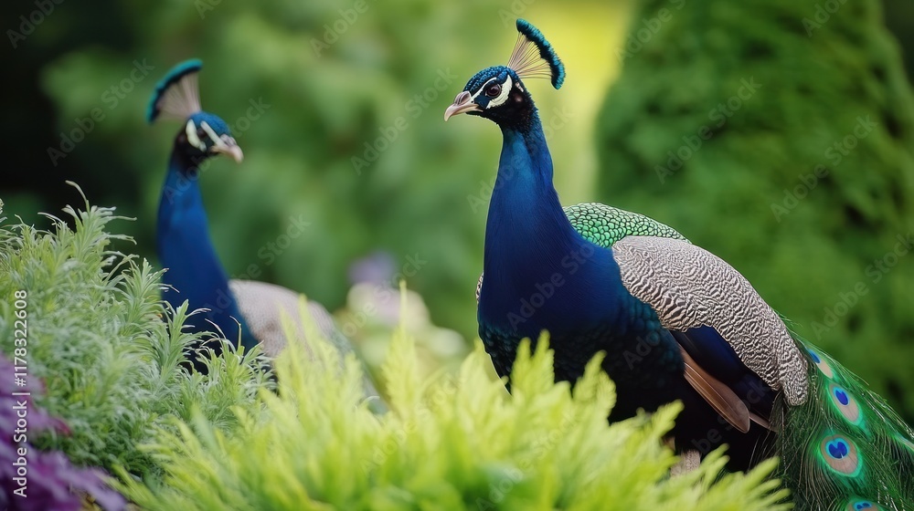 Two peacocks amidst lush greenery in a vibrant garden setting. Two peacocks amidst lush greenery in a vibrant garden setting.