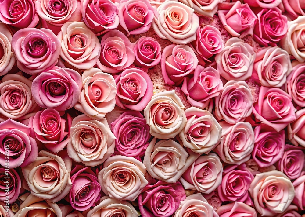 Fototapeta premium Close-up, repeating pink rose wall pattern, textured.