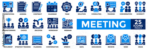 Meeting icon collection set. Containing presentation, agenda, team, solution, discussion, consulting and brainstorming icon. 
