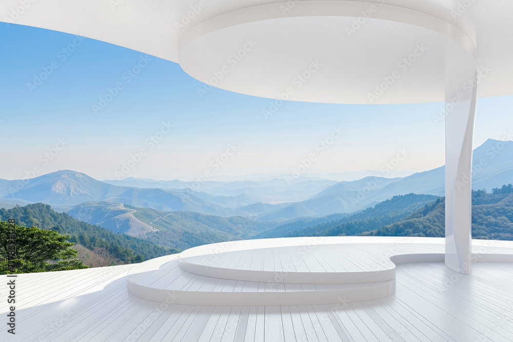 Fototapeta premium Modern terrace with stunning mountain view and clear blue sky
