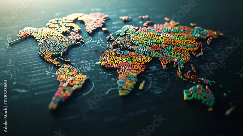A vibrant world map made of letters, each continent filled with words from various languages, symbolizing global communication through language learning.  