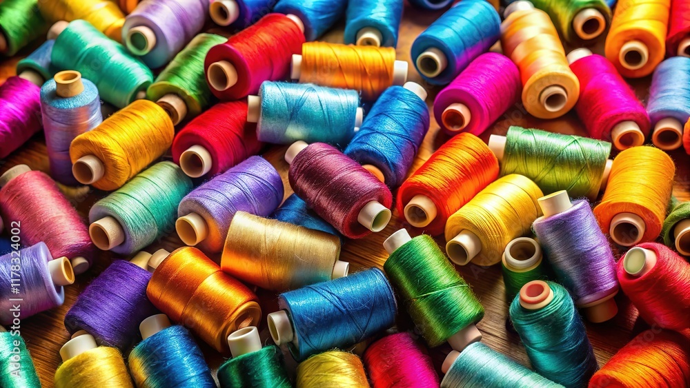 Colorful thread spools, a vibrant sewing table overhead. Colorful thread spools, a vibrant sewing table overhead.