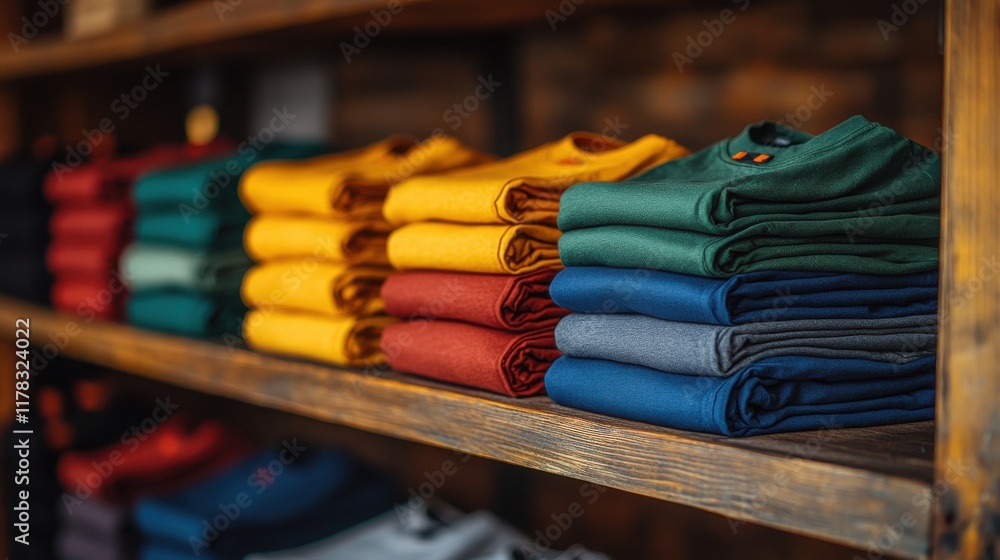 Naklejka premium A neatly arranged display of colorful folded shirts on wooden shelves in a retail setting.