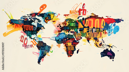 Fototapeta Naklejka Na Ścianę i Meble -  A vibrant world map made of letters, each continent filled with words from various languages, symbolizing global communication through language learning. 