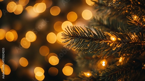 Close-up of a decorated Christmas tree branch with warm bokeh lights in the background.