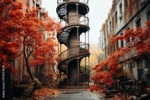 Abandoned spiral staircase, autumnal alleyway, urban decay. photo