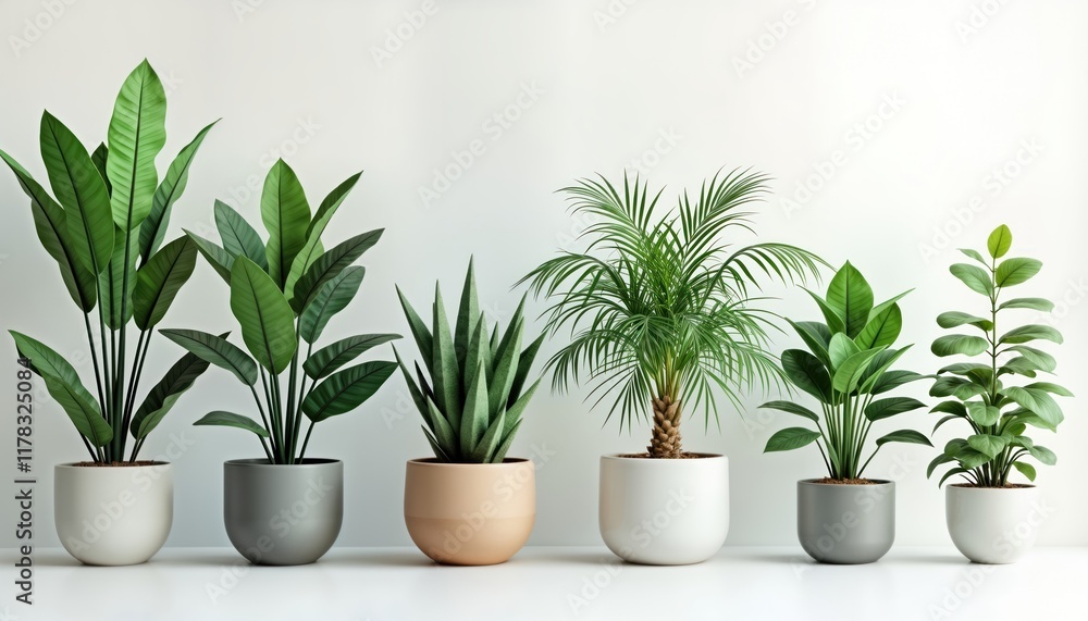 Artificial house plants in pots against white wall. Modern design. Variety of foliage types. Isolated green plants. Indoor decoration. Suitable for home, office, retail display. Generative AI Artificial house plants in pots against white wall. Modern design. Variety of foliage types. Isolated green plants. Indoor decoration. Suitable for home, office, retail display. Generative AI