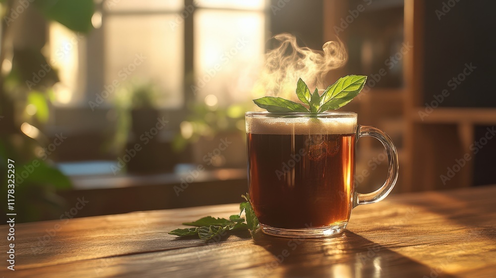 A mug of tea with a sprig of mint on top sits on a wooden table A mug of tea with a sprig of mint on top sits on a wooden table